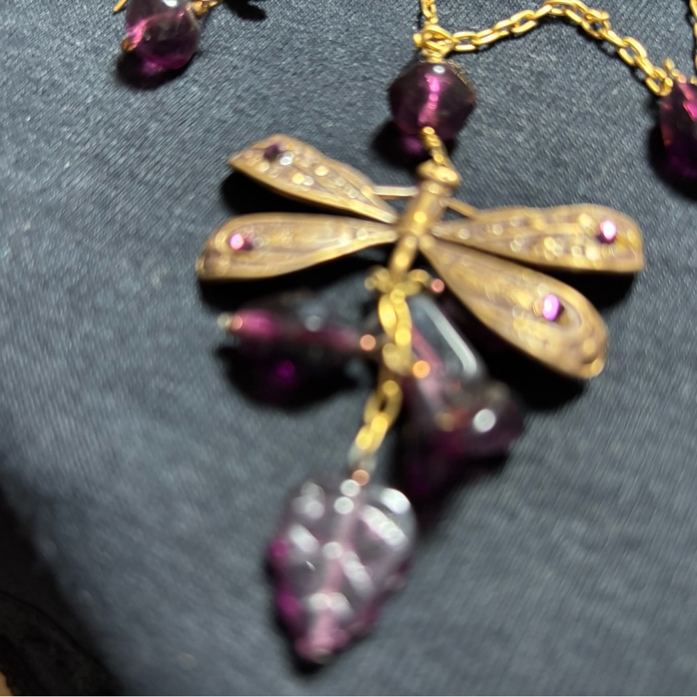 Elegant Gold and Handcrafted Purple Dragonfly Necklace and Earring Set - Picture 5 of 8